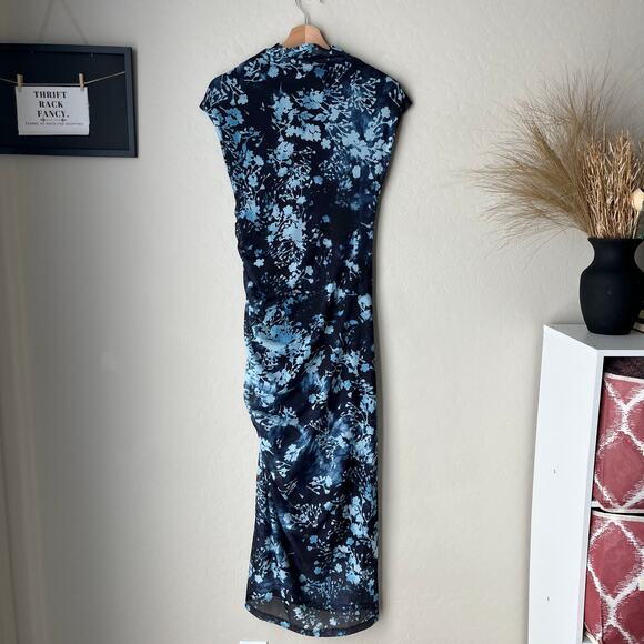 Anthropologie Maya Blue Floral Print Ruched Mesh‎ Cowl Neck Midi Dress Size XS - Picture 8 of 10